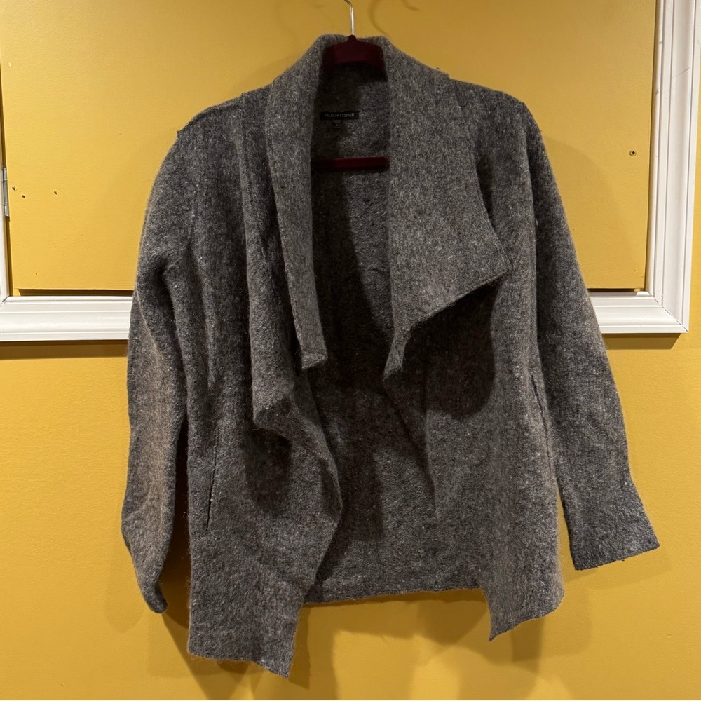 Charcoal gray Eileen Fisher cardigan wool mohair pockets S